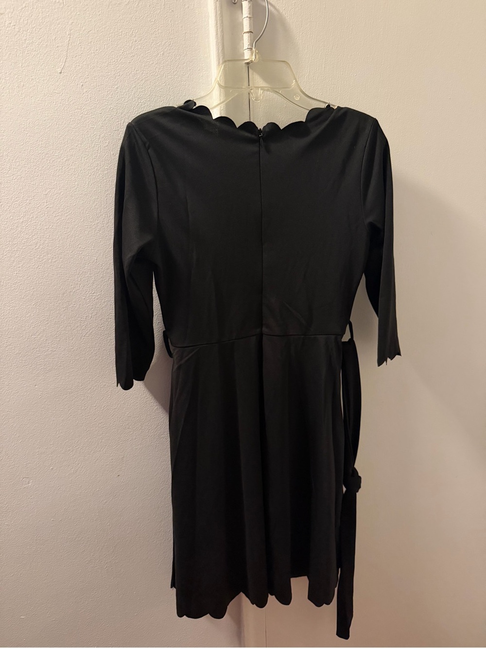 Black Scallop-Edge Long Sleeve Wrap Dress.